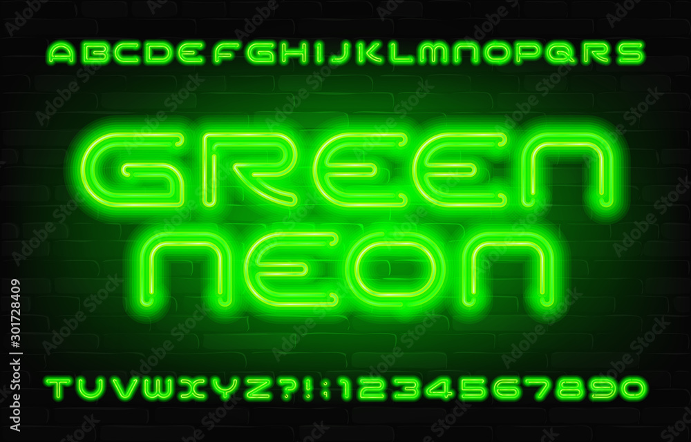 Green Neon alphabet font. Neon light futuristic letters and numbers. Brick wall background. Stock vector typeface for your typography design. Green Neon alphabet font. Neon light futuristic letters and numbers. Brick wall background. Stock vector typeface for your typography design.