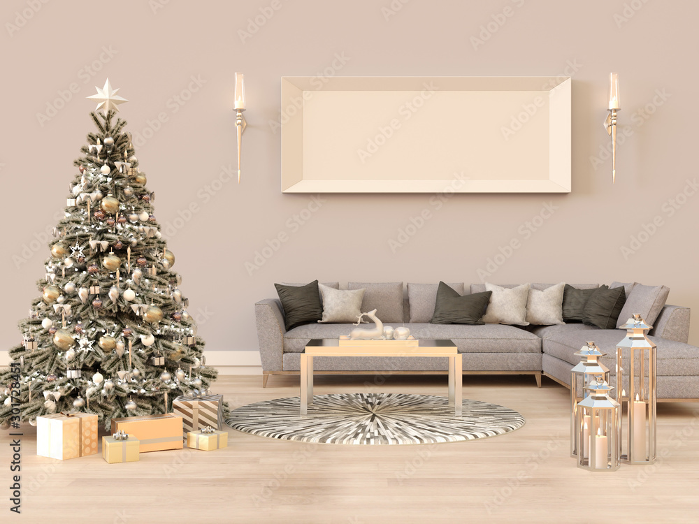 Living room interior with golden Christmas tree and gray sofa. 3D rendering. Living room interior with golden Christmas tree and gray sofa. 3D rendering.