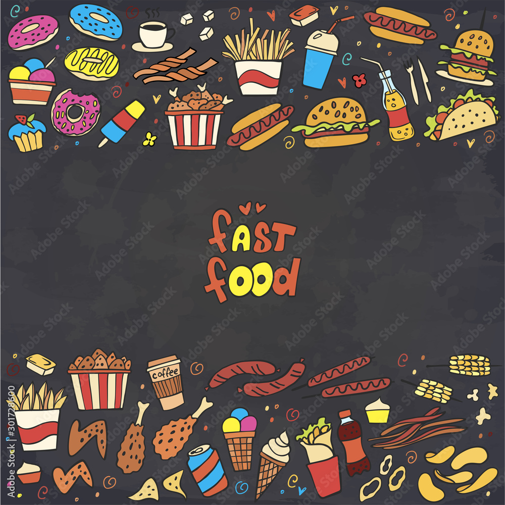 Fototapeta premium Rama z kolorowych fast foodów doodle na tablicy. Wektor. Burger, przekąski, hamburger, frytki, hot dog, tacos, kawa, kanapka, lody, pączek. Idealny do projektowania menu.