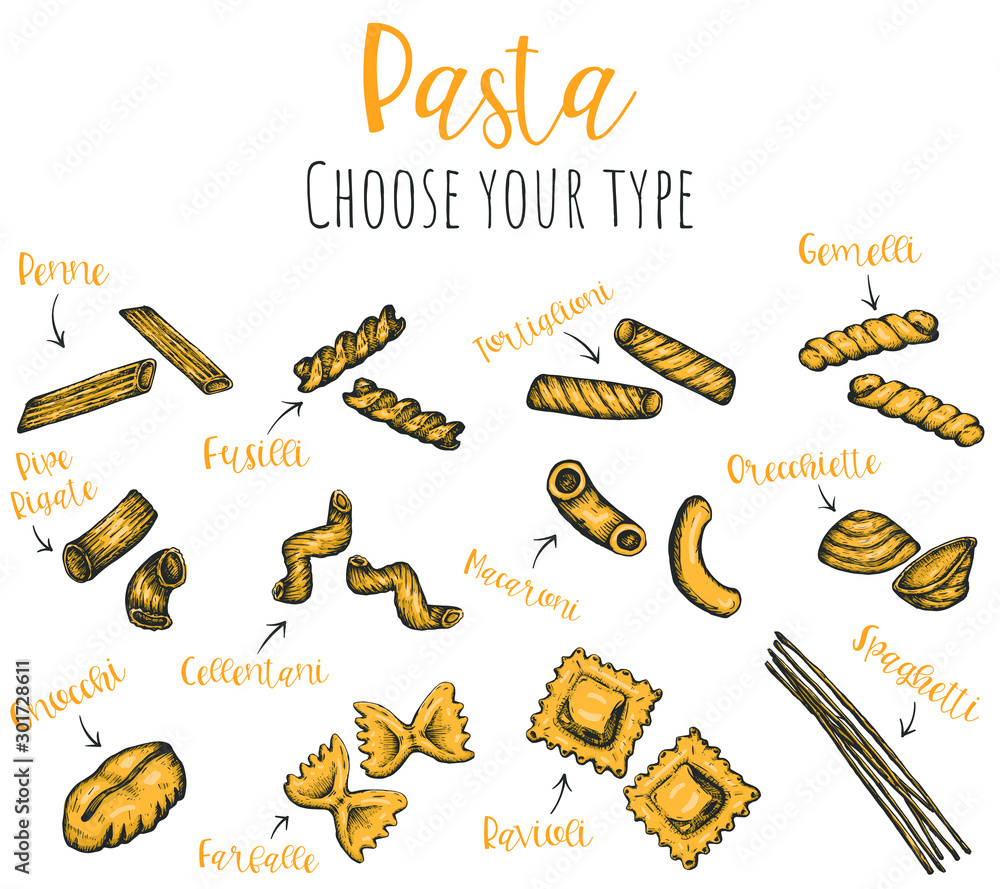 Pasta types hand drawn vector set, isolated sketched ink illustrations