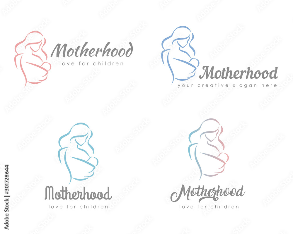 Obraz premium Set of logo with mother and baby. Stylized outline symbol. Motherhood, love, mother care, woman, child, baby sling. Silhouette, icon, logo, sign. Vector illustration
