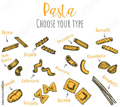 Pasta types hand drawn vector set, isolated sketched ink illustrations.