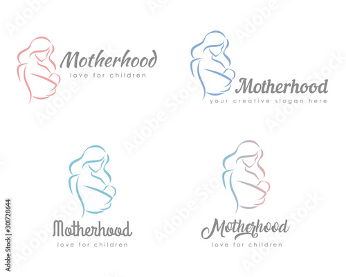 Set of logo with mother and baby. Stylized outline symbol. Motherhood, love, mother care, woman, child, baby sling. Silhouette, icon, logo, sign. Vector illustration