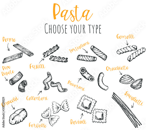 Pasta types hand drawn vector set, isolated sketched ink illustrations.
