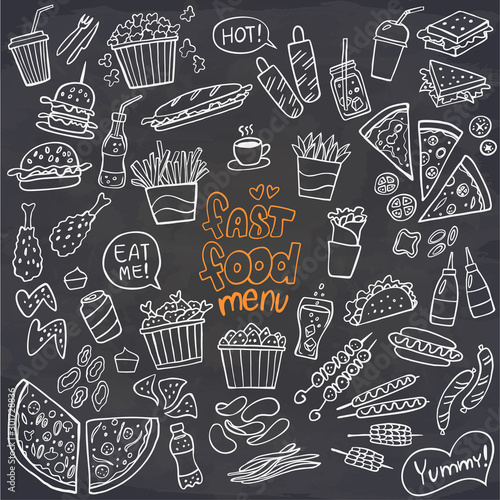 Set of fast food doodles on chalkboard. Vector illustration. Perfect for menu or food package design.