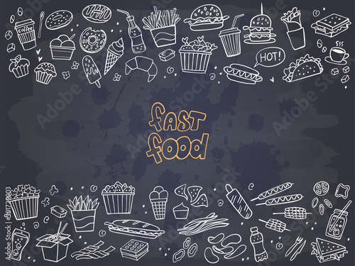 Frame of fast food doodles on chalkboard. Vector illustration. Perfect for menu or food package design.
