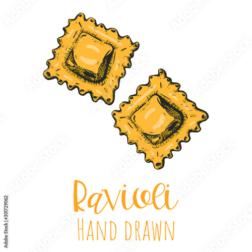 Ravioli type pasta hand drawn vector illustration, isolated sketched pasta shape.