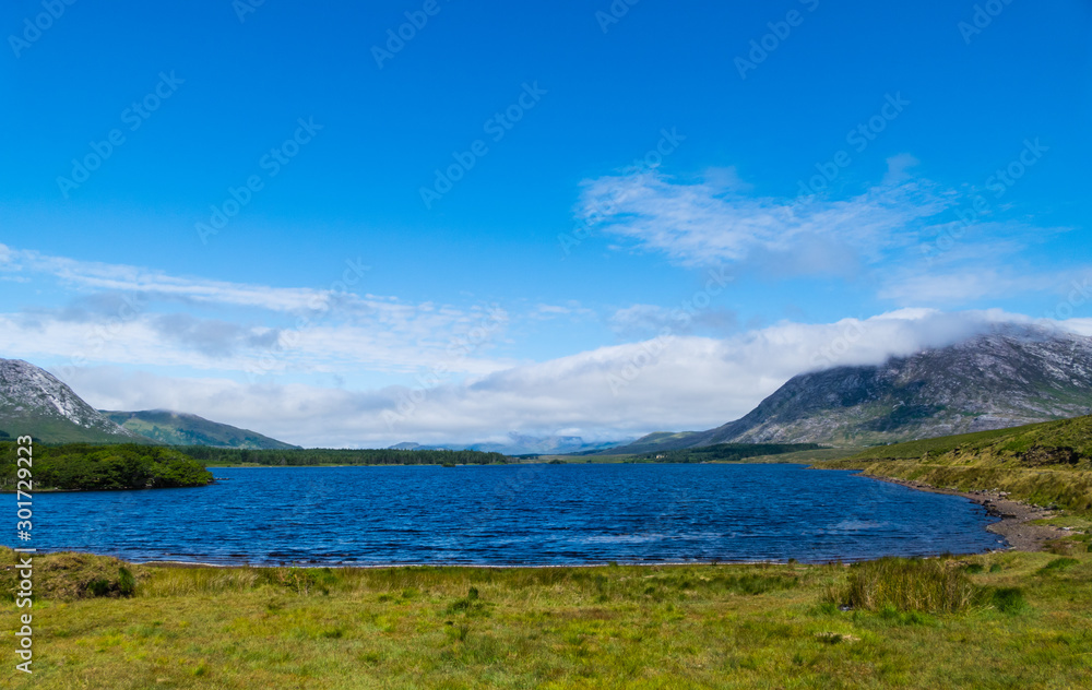 Panorama lake with mountains in connemara national park in Ireland