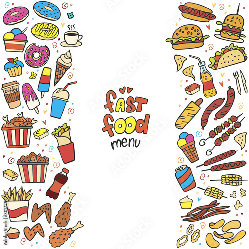 Frame from colorful fast food doodle on white background. Vector. Burger, snacks, hamburger, fries, hot dog, tacos, coffee, sandwich, ice cream, donut. Perfect for menu design.
