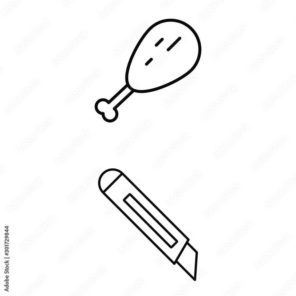 A set of simple icons with a chicken leg and a box cutter A set of simple icons with a chicken leg and a box cutter