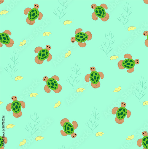 seamless pattern sea green turtle with yellow shell and seaweed on blue background © Lilia