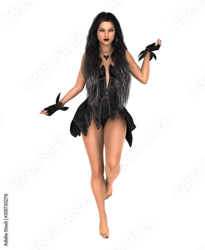 Фотография Sorceress in black dress. Isolated on white. 3D rendering.