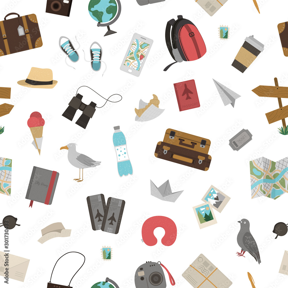 Vector seamless pattern with traveling objects isolated on white background. Trendy journey texture. Travel icons background. Vacation themed repeating ornament..