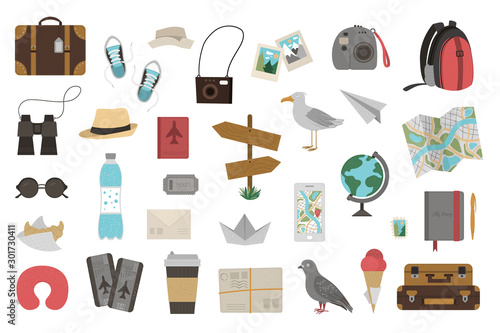 Vector big set of traveling objects isolated on white background. Trendy journey kit. Travel icons collection. Vacation infographic elements pack..