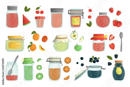 Vector set of colored glass jam jars watercolor style isolated on white background. Colorful collection of preserved food in pots with fruit and berries.  .