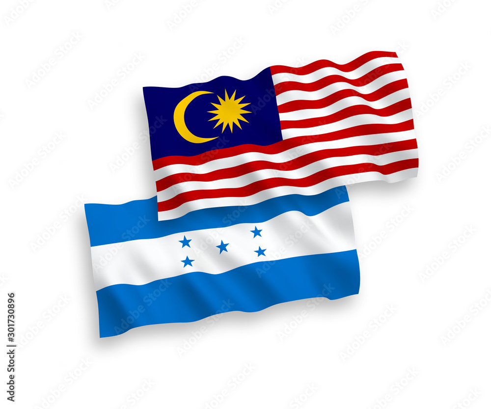 National vector fabric wave flags of Honduras and Malaysia isolated on white background. 1 to 2 proportion. National vector fabric wave flags of Honduras and Malaysia isolated on white background. 1 to 2 proportion.