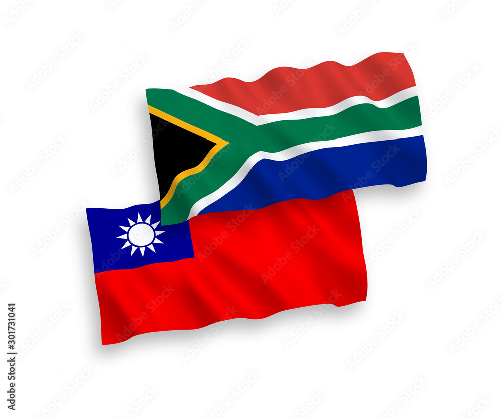 Obraz premium National vector fabric wave flags of Taiwan and Republic of South Africa isolated on white background. 1 to 2 proportion.