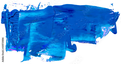 Hand drawn isolated paintbrush stripe with dirty blue color oil. Splatter paint texture. Distress rough background.