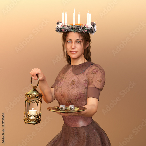 Saint Lucy, Sancta Lucia with candle wreath, lantern and plate with eyes. 3D rendering. photo