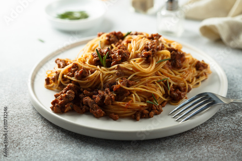 Homemade pasta with tomato sauce and beef