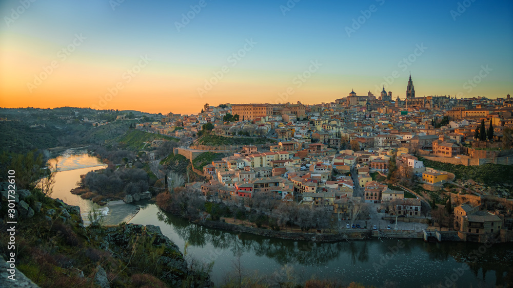 Panoramic view of beautiful sunset over the old town of Toledo. Travel destination Spain
