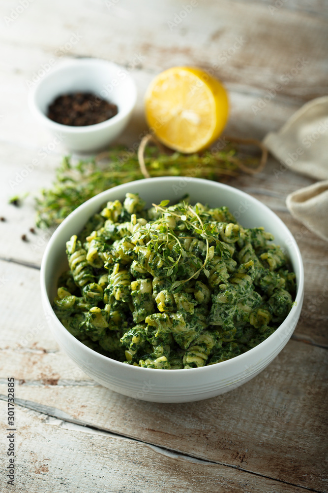 Pasta with homemade spinach pesto Pasta with homemade spinach pesto