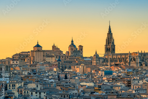 High angle view of beautiful sunset over the old town of Toledo. Travel destination Spain