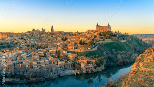 Breathtaking panoramic view of beautiful sunset over the old town of Toledo. Travel destination Spain photo