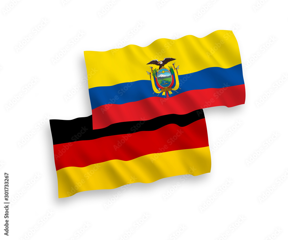 Obraz premium National vector fabric wave flags of Germany and Ecuador isolated on white background. 1 to 2 proportion.
