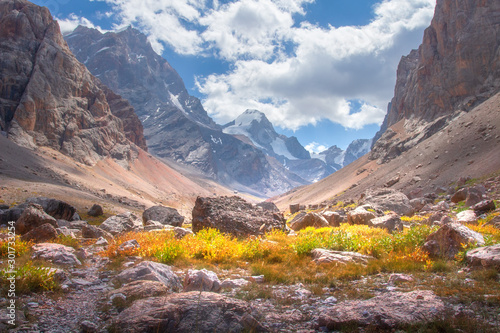 Fann mountains, Tajikistan. Pamir-Alay mountain valley on sunny summer day. Scenic mountain nature landscape