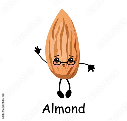 Almond nut character with hands and face. Useful food. Protein..