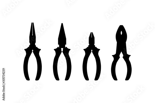 Vector pliers collection. Black tools for repair icons set.