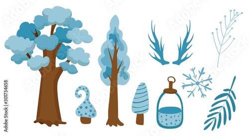Elements for scrapbooking. Trees, leaves, deer antlers, lantern. Blue winter tree. Christmas mood. Isolated on white background..