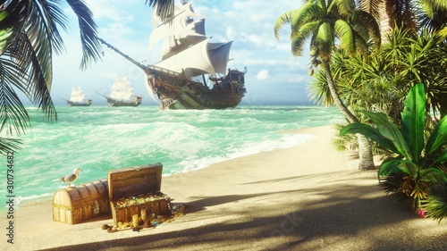 Dekoracja na wymiar  sand-sea-sky-clouds-palm-trees-and-a-clear-summer-day-pirate-frigates-docked-near-the-island-pirate-island-and-chests-of-gold-3d-rendering