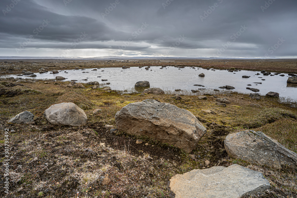 water and mountain landscape on a rainy day in Laugarfell Highland in Iceland