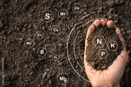 Loamy soil that is rich in man's hands and has iconic technology about soil nutrients that are essential to cultivation. photo