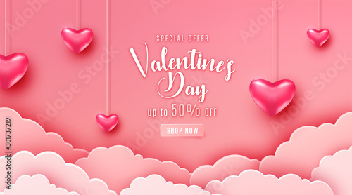 Happy valentines day greeting background in papercut realistic style. Paper clouds, flying realistic heart on string. Pink banner party invitation template. Calligraphy words text sign on copy space