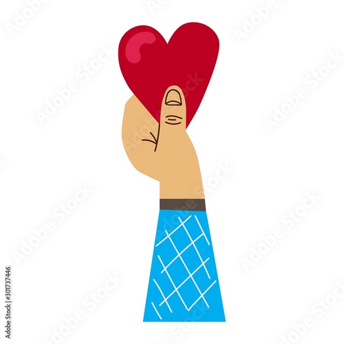A hand held holds out a heart valentine. Illustration for February 14. Declaration of love.