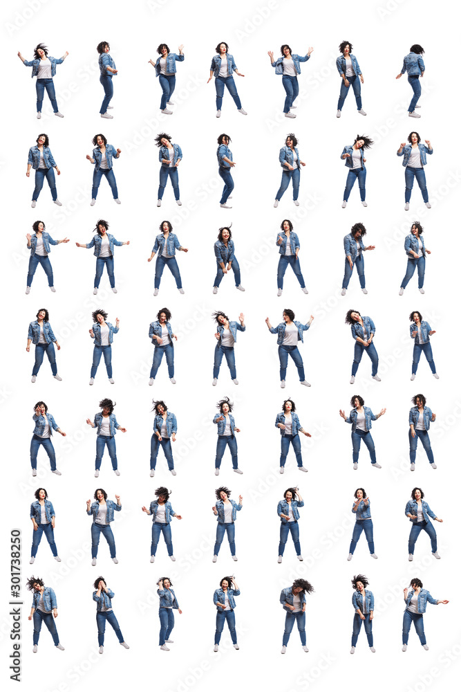 Set of images of a dancing young woman. Laughing bright brunette with curly hair in jeans. Isolated over white background. Collage. Set of images of a dancing young woman. Laughing bright brunette with curly hair in jeans. Isolated over white background. Collage.