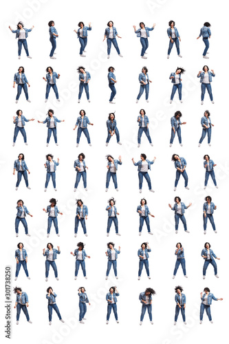 Set of images of a dancing young woman. Laughing bright brunette with curly hair in jeans. Isolated over white background. Collage. © Анна Демидова