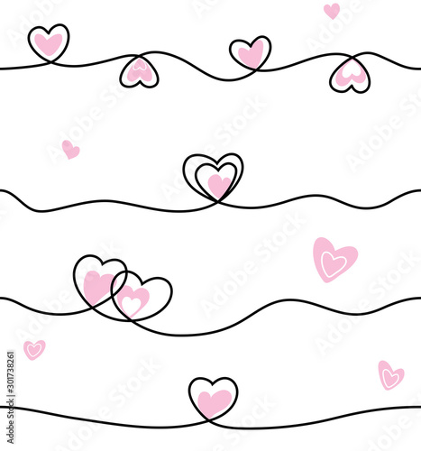 Seamless line heart pattern. Cute style background with pink hearts and black lines on white backdrop