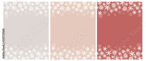 Cute Winter Vector Layouts with White Snowflakes Isolated on a Gray, Beige and Pale Red Background. Simple Winter Sky Vector Print. Snowy Sky Design Ideal for Label, Card, Layout, Tag, Decoration.