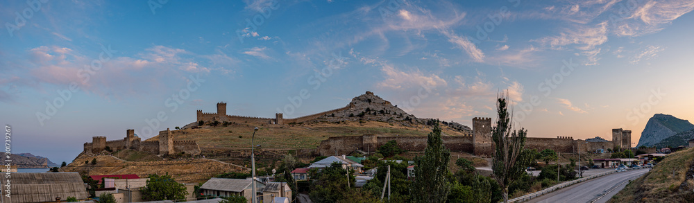 Wide panorama of Sudak in Crimea, Travel during Summer