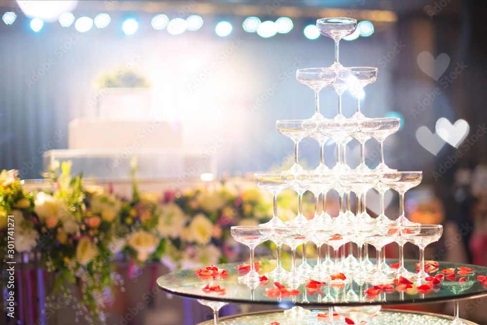 Stacked of wine glass in the wedding ceremony.