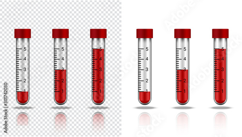 Blood Bottle Mock up Realistic Transparent Test Tube Plastic or Glass For Science and Learning on white Background Illustration. Health Care And Medical Concept Design