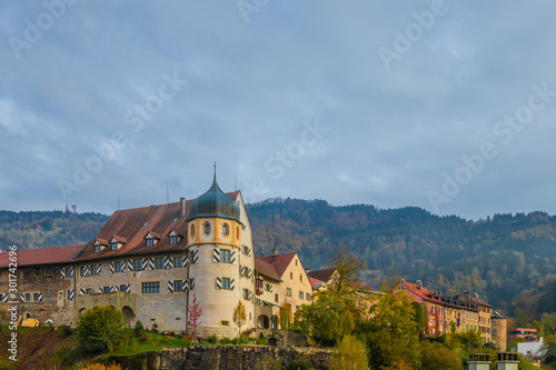 The Deuring Castle  Deuringschl  ssle  and other traditional buildings in the Upper Town  Oberstadt  part of Bregenz  Austria