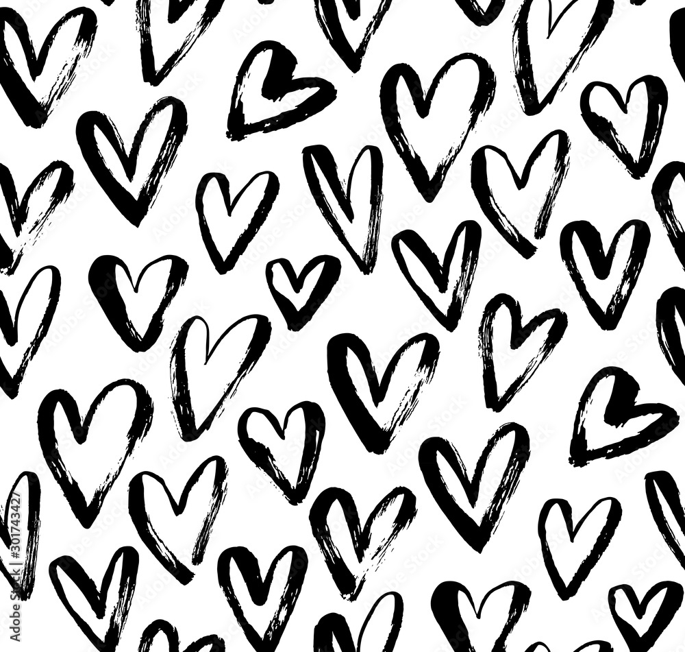 Abstract seamless heart pattern. Ink illustration. Black and white. Abstract seamless heart pattern. Ink illustration. Black and white.