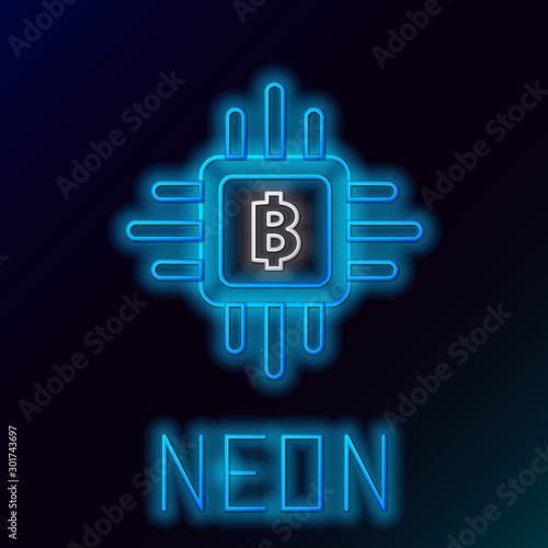 Blue glowing neon line CPU mining farm icon on black background. Bitcoin sign inside processor. Cryptocurrency mining community. Digital money. Colorful outline concept. Vector Illustration