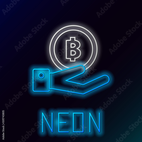 Blue glowing neon line Hand holding Bitcoin icon on black background. Blockchain technology, digital money market, cryptocoin wallet. Colorful outline concept. Vector Illustration