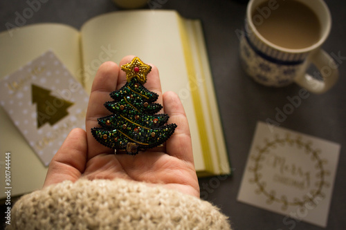 Billede på lærred Exclusive Christmas tree beading brooch handmade as an idea for a Xmas gift for a special woman